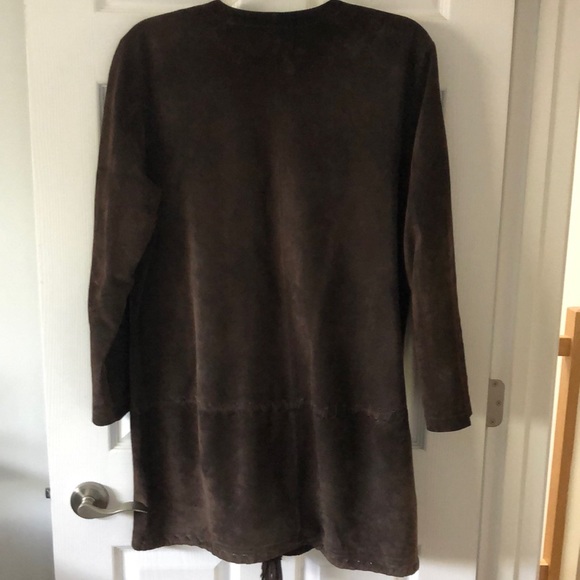 Chico’s Brown Leather Suede Collarless Jacket Coat Topper with Fringe Trim - Picture 6 of 16